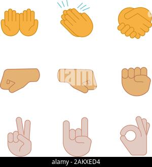 Geste emojis farbige Symbole gesetzt. Betteln, Applaus, Händedruck, rechts und links die Fäuste, Frieden, Rock on, OK gestikulierend. Schütteln, schalenförmig, Händeklatschen Stock Vektor