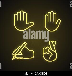 Geste emojis Neon Licht Symbole gesetzt. Stop, High Five, Glück, Lüge, Aberglauben und gestikulierte. Angehoben und schreiben Hände, gekreuzten Fingern. Leuchtende Zeichen Stock Vektor