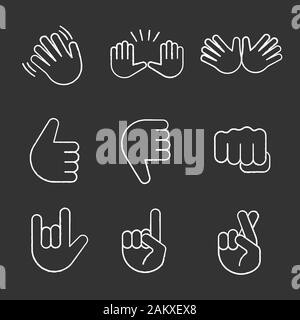 Geste emojis Chalk Symbole gesetzt. Winken, Stop, Jazz, Daumen nach oben und unten, Faust, Liebe, Glück, Lüge und gestikulierte. Offene Hände, gekreuzten Fingern. Isolieren Stock Vektor