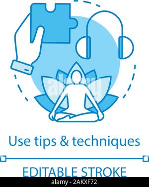 Verwenden Sie Tipps und Techniken Konzept Symbol. Gefühl Zurückhaltung Idee dünne Linie Abbildung. Yoga Meditation entspannen. Hobby, Musik hören. Emotion control Stock Vektor