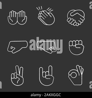 Geste emojis Chalk Symbole gesetzt. Betteln, Applaus, Händedruck, rechts und links die Fäuste, Frieden, Rock on, OK gestikulierend. Schütteln, schalenförmig, Händeklatschen Stock Vektor