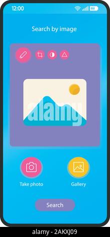 Suche nach Bild app smartphone Schnittstelle vektor Vorlage. Mobile App Seite Blue design Layout. Bild Editor, post Teekocher. Flachbild-UI für Anw Stock Vektor