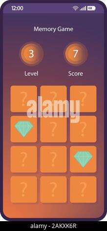 Memory Spiel smartphone Schnittstelle vektor Vorlage. Mobile App Seite gradient Design Layout. Gleiches Paar, Konzentration, intellektuelles Spiel. Flachbild-UI Stock Vektor