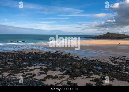 Porthmeor Beach bei Ebbe, St. Ives, Cornwall, England, Großbritannien Stockfoto