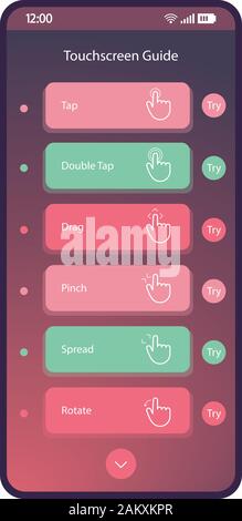 Touchscreen guide mobile Interface vektor Vorlage. Smartphone Navigation app Flachbild gradient UI. Touchscreen anleitung Seite lila Design Layout. T Stock Vektor