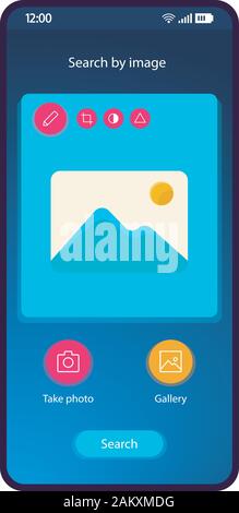 Suche nach Bild app smartphone Schnittstelle vektor Vorlage. Mobile App Seite Blue Gradient design Layout. Bild Editor, post Teekocher. Flachbild-UI für Stock Vektor