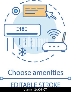 Wählen Sie Annehmlichkeiten Konzept Symbol. Internet und Klimaanlage. Klimaanlage, WLAN Router, Menü Auswahl. Apartment buchen Idee dünne Linie Abbildung. Stock Vektor