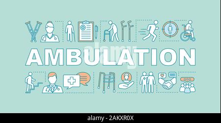 Ambulation Wort Konzepte Banner. Healthcare. Wanderer, Stöcken. Rehabilitation. Orthopädische Behandlung. Präsentation, Website. Isolierte Schriftzug typograph Stock Vektor