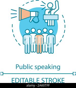 Das öffentliche Sprechen Konzept Symbol. Rhetorik und Kommunikation. Public Relations. Sprecher, Redner. Durchführung Rede vor Publikum Idee dünne Linie Abbildung. Stock Vektor