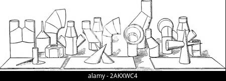 Die Grundlagen der Darstellenden Geometrie. Abb. 146. - Ein Papier Modell. Eine closeexamination der Öffnung in thecowl zeigt die Methode usedto der Gelenke machen. Abb. 147. - Eine weitere papermodel.. Abb. 148. - Eine Sammlung von Papier Modelle, die von den Methoden gerade beschrieben. Mit Ausnahme von zwei oder drei alle diese Modelle durch studentsduring einen Kurs gemacht wurden. Die Modelle, die hier zur Illustration verwendet werden, beide thefinished Modelle und die, die offen für showmethods Bau geschnitten wurden, wurden von Studenten in der regularrequired Kurs in Darstellende Geometrie an der Universität o Stockfoto