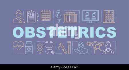 Geburtshilfe Wort Konzepte Banner. Pränatale Versorgung. Schwangerschaft gynäkologische Untersuchung, Geburt. Präsentation, Website. Isolierte schrift Typografie Stock Vektor