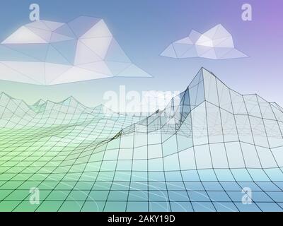Minimalistische Drahtmodelllandschaft in Pastellfarben. 3D-Abbildung Stockfoto
