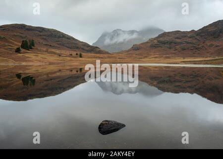 Atemberaubend lebendigen Herbst Landschaft Bild von blea Tarn mit goldenen Farben im See spiegeln Stockfoto