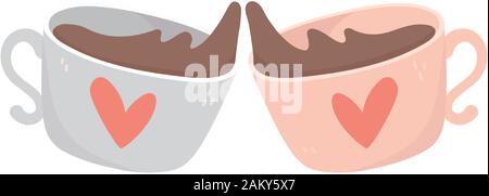 Happy Valentines Tag Toast Schokolade Tassen liebe Herzen Vector Illustration Stock Vektor