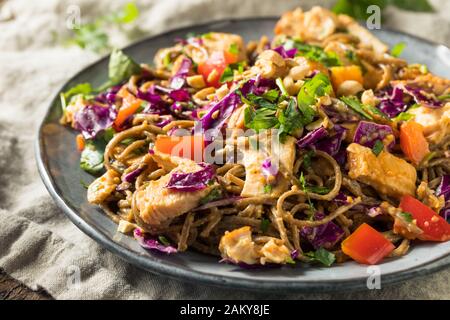 Hausgemachte spicy Chicken Soba Nudelsalat mit Erdnusssoße Stockfoto