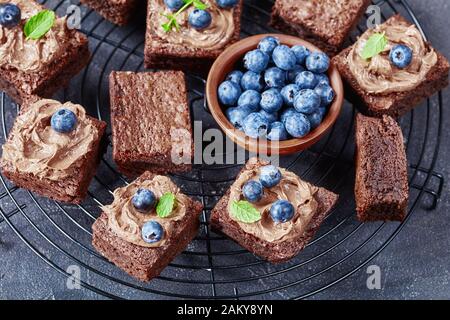 Nahaufnahme von Brownies mit Schokoladenbuttercreme und mit frischen Blaubeeren und Minze auf einem Drahtständer dekoriert Stockfoto