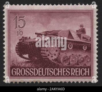 NAZI-DEUTSCHLAND - CIRCA 1944. Briefmarke mit Sturmgeschütz III (StuG III) Sturmgewehr Deutschlands meistproduzierter vollspurig gepanzerter gefechtsveh Stockfoto