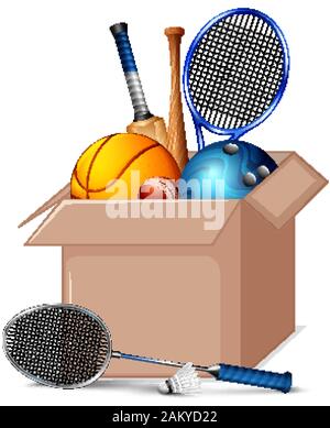 Karton voller Sport Ausrüstungen auf weißem Hintergrund Abbildung Stock Vektor