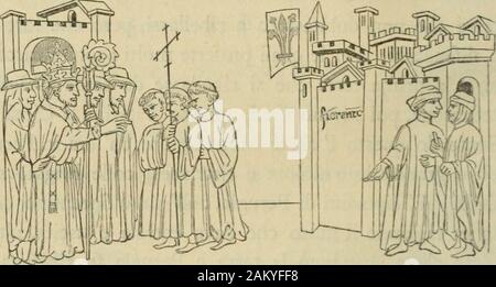 Le chroniche Sercambi, di Giovanni Lucchese. si ribellò Gobbio, Bagnara, Orvieto, Ra-dichuofini, Aquapendente, Todi, Nocera, Urbino, Cornieto, Ame-lia, Toscanella, Casteldurante, Gualdo, Fabriano, Ghagli, MassaTrebana, Mercatello, Sassoferrato, Narni, Terni, Castello Della Pie-ve, Civitachastellana, Chiusi, Sambenedecto, Cornuolo, Santangelo 20 in Vado, Chalamello, Rontana, Ghaliada, Furli, Sancasciano, Cha-strocaro. Fermo, Cingoli; Venti ciptadi con tucte Loro chastella, con altre chastella, chom è Dicto, si ribellònno da santa Chiezar anno di. mccclxxvi. in picciolo Tempo. E di ciaschuna ter Stockfoto