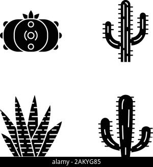 Wild cactus Glyphe Symbole gesetzt. Sukkulenten. Kakteen Sammlung. Saguaro, Peyote, mexikanische Riese und Zebra Kakteen. Silhouette Symbole. Vektor isoliert Illu Stock Vektor