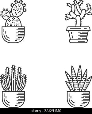 Haus Kakteen im Topf set lineare Symbole. Sukkulenten. Dornige Pflanzen. Feigenkaktus, cholla, zebra Kaktus, Orgelpfeife. Thin Line Kontur Symbole. Isolierte vec Stock Vektor