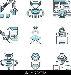 RPA farbige Symbole gesetzt. Robotic Prozessautomatisierung Vorteile. Die Entwicklung und Verwendung von klerikalen Process Automation Technology. Automatisieren Sie Workflows. Isolierte v Stock Vektor