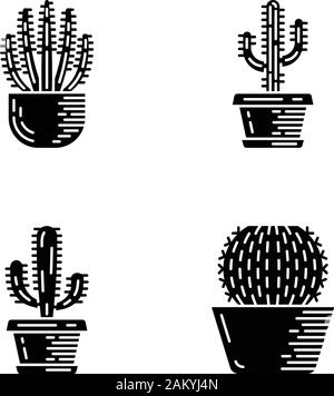 Haus Kakteen im Topf Zeichenvorrat Symbole. Mexikanische tropischer Flora. Organ Pipe Cactus, Saguaro, mexikanische Riese, barrel House. Silhouette Symbole. Vektor isolat Stock Vektor