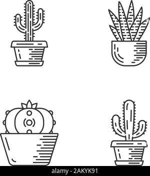 Haus Kaktus im Topf set lineare Symbole. Sukkulenten. Zebra Kaktus, Peyote, mexikanische Riese, Saguaro. Kakteen Garten Kollektion. Thin Line Kontur Symbole. Iso Stock Vektor