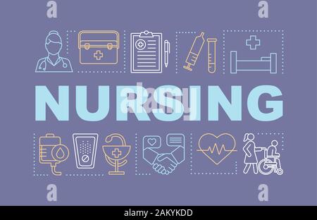 Krankenpflege Wort Konzepte Banner. Ärztliche Betreuung. Krankenhaus, stationäre Behandlung. Präsentation, Website. Isolierte schrift Typografie Idee, Icons. Gesundheit Stock Vektor