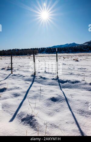 Lange Schatten von Stacheldraht zaun & Holzzaun Beiträge geworfen; Schnee Weide; Ranch in Colorado, USA Stockfoto