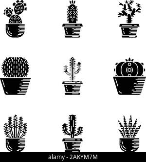 Kakteen in Töpfen Glyphe Symbole gesetzt. Mexikanische tropischer Flora. Sukkulenten. Dornige Pflanzen. Kakteen Garten Kollektion. Silhouette Symbole. Vektor isoliert Illus Stock Vektor