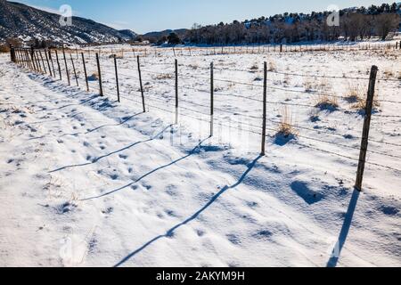 Lange Schatten von Stacheldraht zaun & Holzzaun Beiträge geworfen; Schnee Weide; Ranch in Colorado, USA Stockfoto