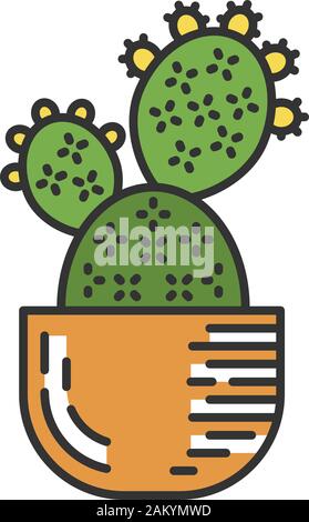 Feigenkakteen im Topf Farbe Symbol. Opuntia. Home Paddel Kaktus. Mexikanische Natur Pflanze. Exotischen Pflanzen. Isolierte Vector Illustration Stock Vektor