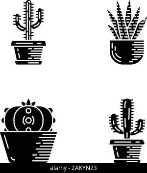 Haus Kaktus im Topf Zeichenvorrat Symbole. Sukkulenten. Zebra Kaktus, Peyote, mexikanische Riese, Saguaro. Kakteen Garten Kollektion. Silhouette Symbole. Vektor isol Stock Vektor