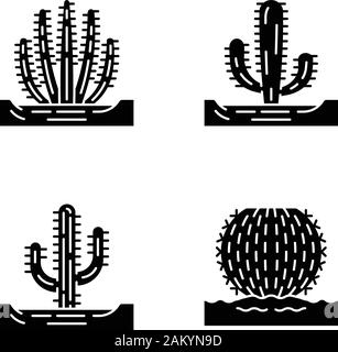 Wilden Kakteen im Zeichenvorrat Symbole. Sukkulenten. Dornige Pflanzen. Barrel Cactus, Saguaro, mexikanische Riese, Organ Pipe Cactus. Silhouette Symbole. Vektor Stock Vektor