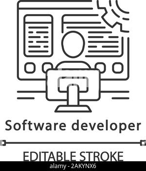 Software Entwickler lineare Symbol. Coder. Software Programmierer, Analytiker. Es Arbeiter. Mitarbeiter arbeitet am Computer. Dünne Linie Abbildung. Kontur Symbol. Ve Stock Vektor