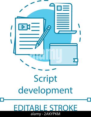 Die Entwicklung von Scripts Konzept Symbol. Video pre Produktion Idee dünne Linie Abbildung. Film Drehbuch schreiben. Scripting. Screenwriting. Kinematographie. Ve Stock Vektor
