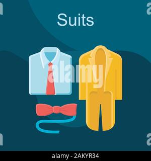 Anzüge flach Konzept Vektor icon. Mens Fashion Idee cartoon Abbildungen in Farbe gesetzt. Formelle Kleidung. Herrenmode. Clothing Store. Shopping. Hemd, Fliege, Stock Vektor