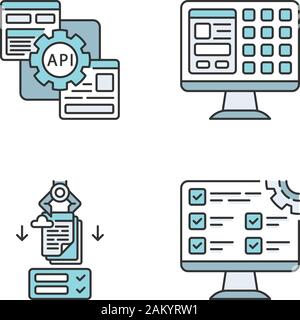 RPA farbige Symbole gesetzt. Roboter in der Prozessautomatisierung. Anwendungsentwicklung und Tuning. API, GUI, Testen, Formulare ausfüllen. Software Roboter. Automatisieren workf Stock Vektor