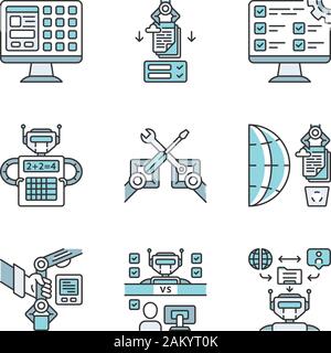 RPA farbige Symbole gesetzt. Robotic Prozessautomatisierung Vorteile. Künstliche Intelligenz Arbeiter. GUI, Einstellungen, Berechnung, Sortierung und Analyse von Informatio Stock Vektor