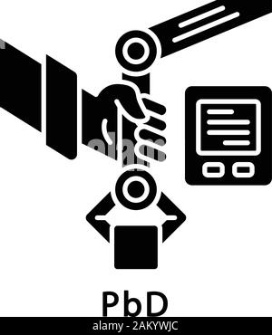 PbD glyph Icon. Programmierung durch Demonstration. Programmierung durch sein Beispiel. RPA. Automatisieren Sie Workflows. Künstliche Intelligenz Arbeiter. Silhouette Symbol. Nega Stock Vektor