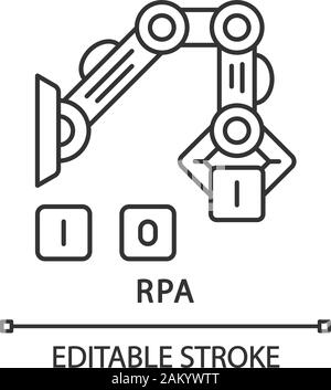 RPA lineare Symbol. Industrielle Roboterarm. Roboter Manipulator hand Cubes zu sammeln. Roboter in der Prozessautomatisierung. Dünne Linie Abbildung. Kontur Symbol. Stock Vektor