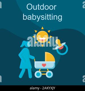 Outdoor Baby- Flachbild Konzept Vektor icon. Aktivitäten, Parenting, Mutterschaft Idee cartoon Abbildungen in Farbe. Mutter mit Kinderwagen, ich Stock Vektor