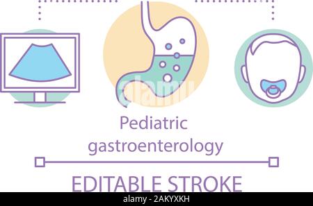 Pädiatrische Gastroenterologie Konzept Symbol. Kid Magen-Darm-Erkrankung. Ultraschalluntersuchung. Childcare Service Idee dünne Linie Abbildung. Ve Stock Vektor