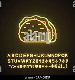Taco Neonlicht Symbol. Traditionelle mexikanische Gericht. Fast food. Leuchtende Zeichen mit Alphabet, Zahlen und Symbolen. Vektor isoliert Abbildung Stock Vektor