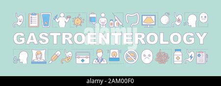 Gastroenterologie Wort Konzepte Banner. Magen-darm-Erkrankungen. Magen Untersuchungen und Behandlungen. Präsentation, Website. Isolierte Schriftzug Hrsg. Stock Vektor