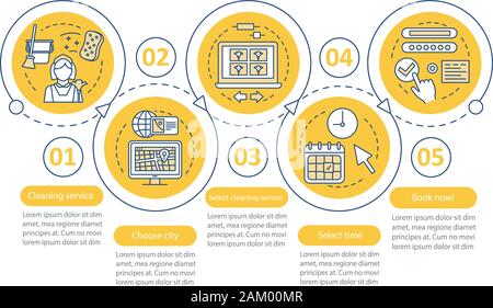 Reinigungsservice buchung Vektor Infografik Vorlage. Bereinigung unternehmen. Business Presentation Design Elemente. Die Visualisierung von Daten, fünf Schritte. Prozess Stock Vektor