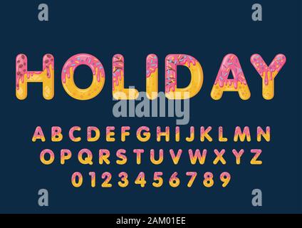 Donut cartoon sweet Keks bold Font Style. Glasierte Großbuchstaben. Verlockend, flachen Design und Typografie. Cookies, Schokolade schreiben. Weißer Hintergrund. Pa Stock Vektor