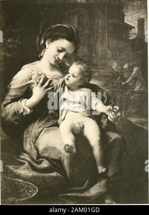 Antonio Allegri da Correggio, sein Leben, seine Freunde und seine Zeit. &Lt; • "?:. Er Vi^^ Me. euiu iili. Die Madonna mit dem Kind auf Ihrem Schoß sitzt, und St. Joseph, Hobeln, ein Stück Holz, in einer wunderschönen Umgebung der Bäume andanticjue Ruinen erscheinen. Die Jungfrau, deren Arbeit - Korb und andere feminineimplements zu ihren Füßen liegen, bemüht sich auf der Säuglinge littledress zu zeichnen. Sie hat einen Arm durch eine Hülse, aber das Kind strugglesvigorously unter den mütterlichen Händen, Verzwirbeln sein Hemd. Marysmiles leise, als ob mahnend die IJabe mit einem sanften, mein Sohn, dir letme Kleid! Madonna delLi Cesta.. Stockfoto