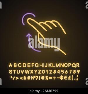 Streichen Sie mit dem Nach-oben-Geste Neonlicht Symbol. Touchscreen mit Gesten. Die menschliche Hand und Finger. Tippen Sie auf und zeigen, klicken. Über sensorische Geräte. Leuchtende Zeichen mit Alphabet, Stock Vektor